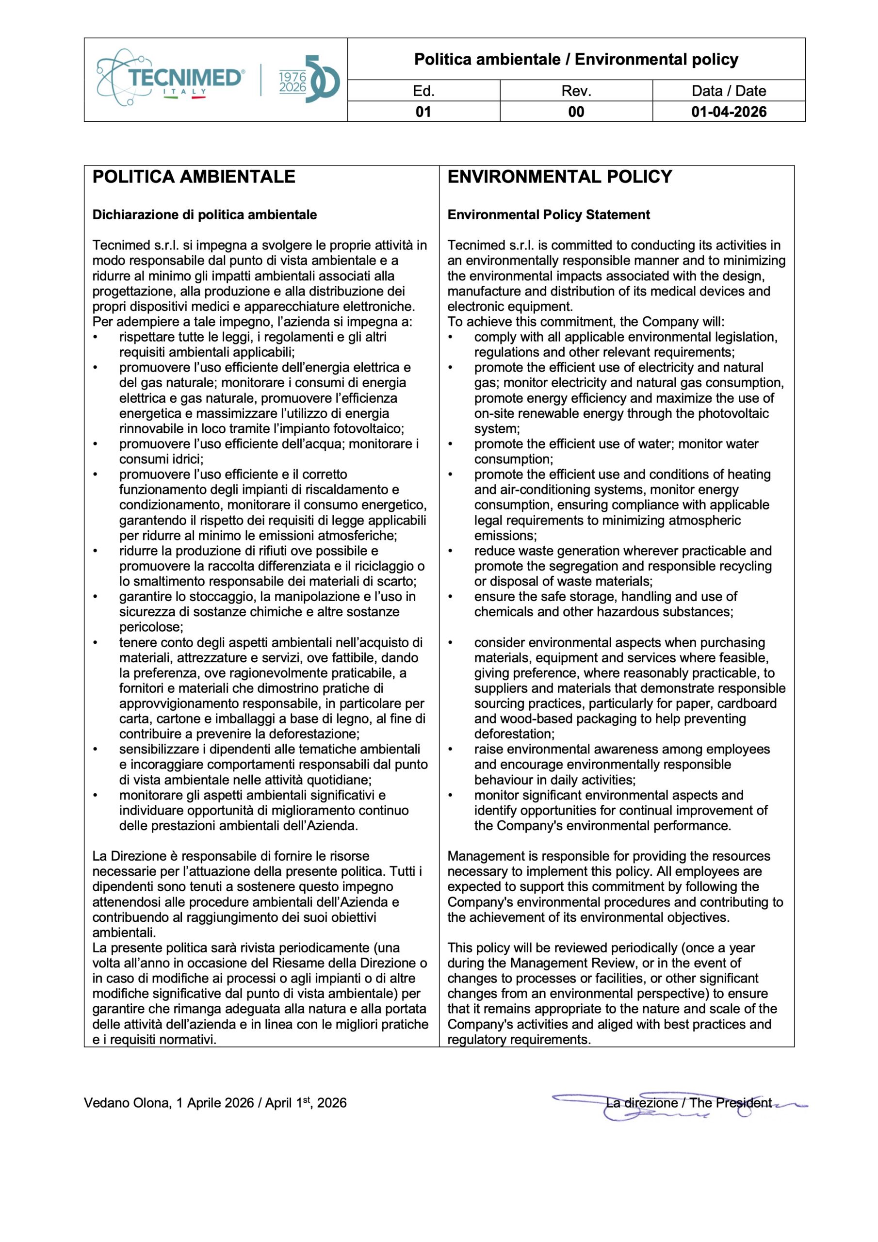 Tecnimed Ambiente Environmental Policy